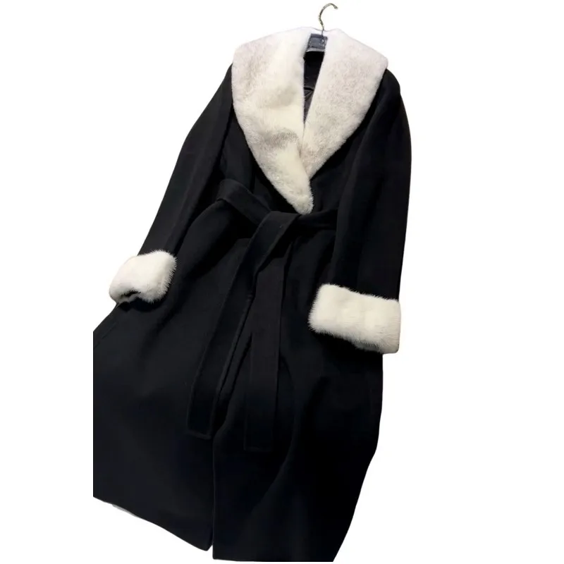 Cappotto in cashmere double face con colletto in visone Cappotto da donna in cashmere double-strato in lana di due pezzi di lana di media lunghezza feminino luxo