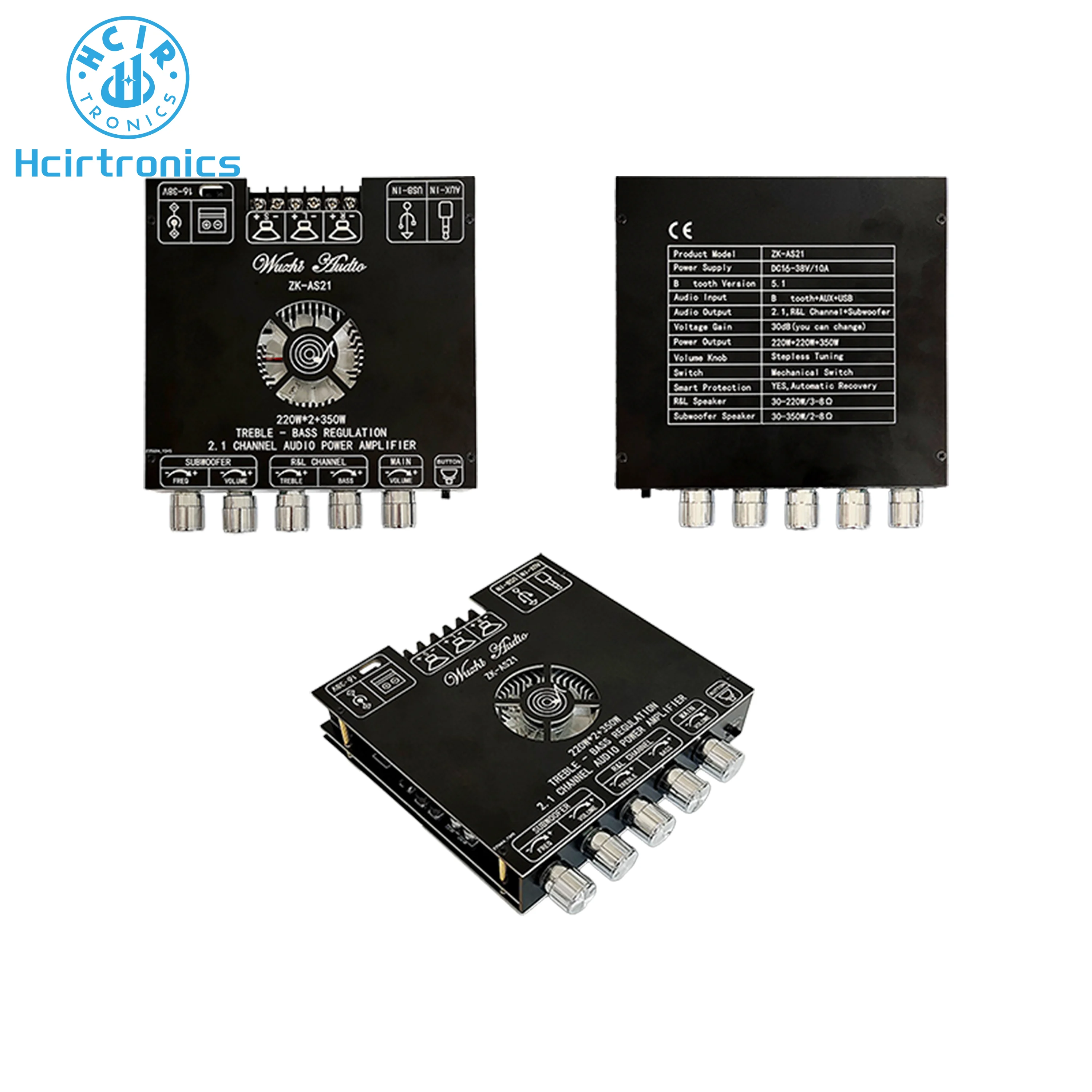 ZK-AS21 TPA3255 220WX2+350W 2.1 Channel BT Digital Audio Power Amplifier Board High Low Tone Subwoofer Amplifier Module