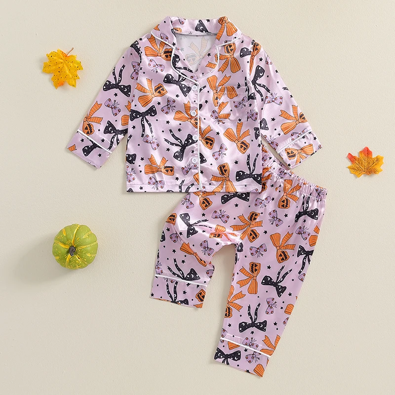 2024-06-13 Lioraitiin Little Girls Halloween Pajama Set, Bow Print Long Sleeve Button Down Tops Elastic Waist Pants Set for Fall