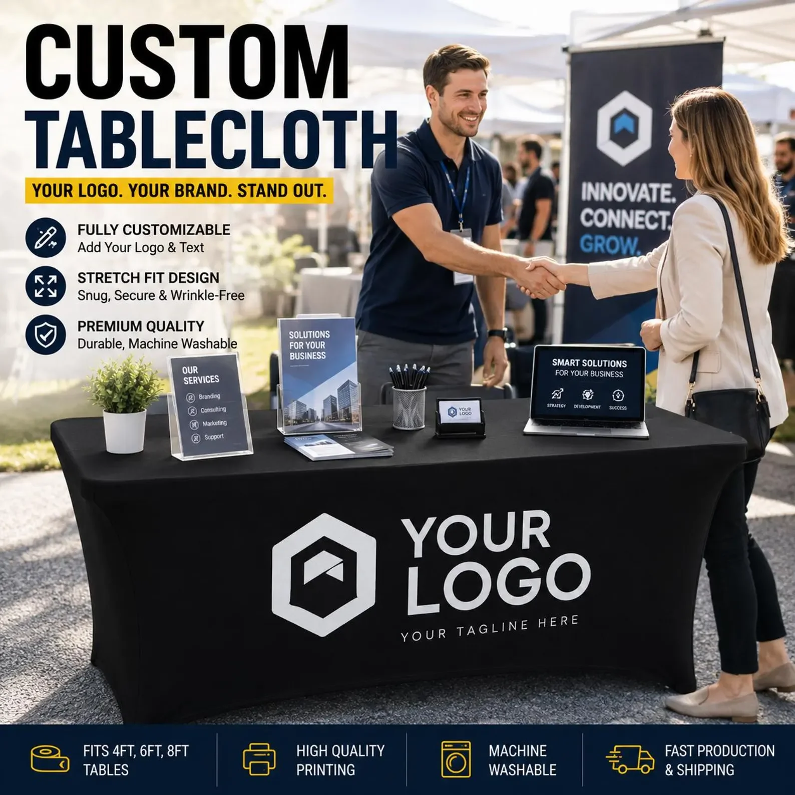 Custom Logo Tablecloth for 4FT 6FT 8FT Trade Show Booth Personalized Fitted Table Cover for Business Event Vendor Display