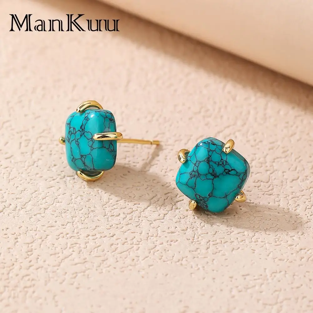 

Mankuu Fashion Trendy Jewelry Studs 10mm Square Blue Turquoise Gold Plated Claw Charms Classical Earrings For Women Daily Wear