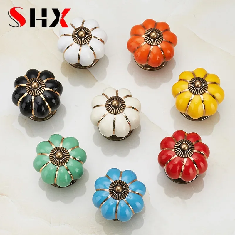 Pumpkin Ceramic Handles 40mm Drawer Knobs Cupboard Door Handles Single Hole Cabinet Handles with screws Furniture