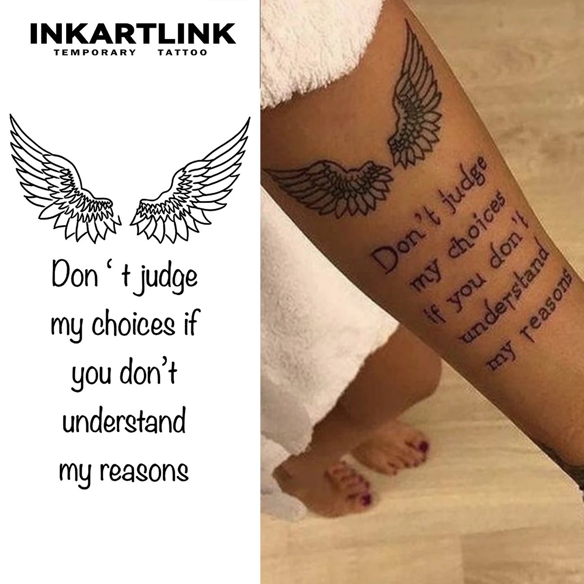 Wings and English Short Sentences Temporary Tattoo,Lasts To 15 Days New Technology Magic Waterproof Semi Permanent Sticker.