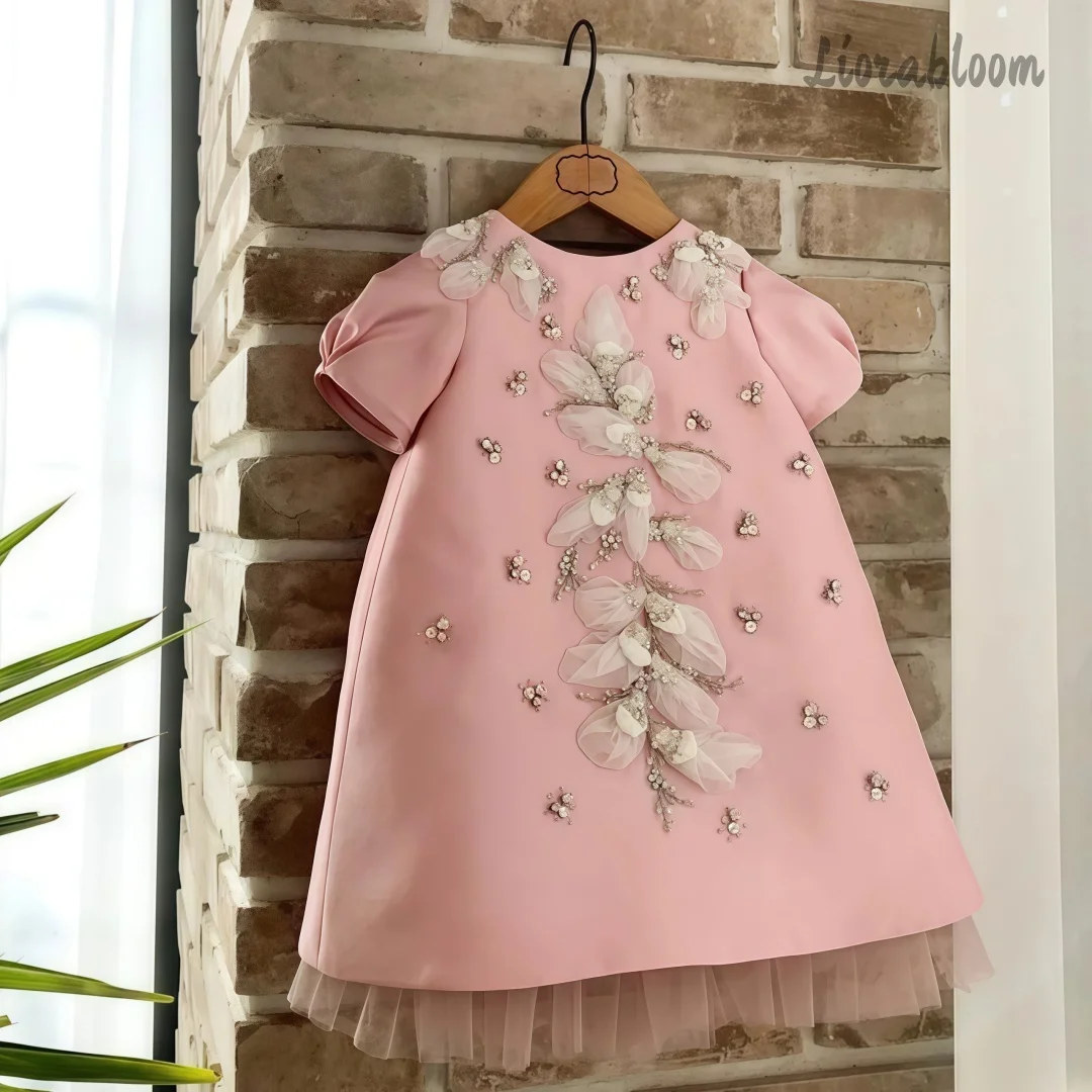 

Elaborately Crafted Pink Children's Evening Gown Pearl Embellished Flower Dress Perfect Elegant Everyday Wear Hosting Occasions