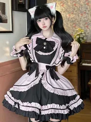 Anime Gothic Lolita Dress Short Sleeve Kawaii Bow Maid Prom Dresses Summer Dress Cosplay Cats Girl Cute Pink Ruffles Short Skirt