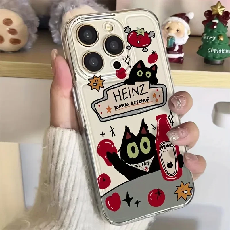 Tomato Sauce Black Cat Phone Case for Samsung S25 S24 S23 S22 S21 S20 FE Note20 Note10 Plus Ultra Lite 5G Clear Soft TPU Cover