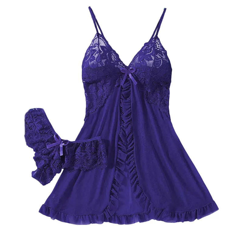 

Summer Hot Sexy Sleepwear Dress Sleeveless Backless Women Lace Sheer Nightdress Solid Color Soft Pajamas Short V-neck Thong Set