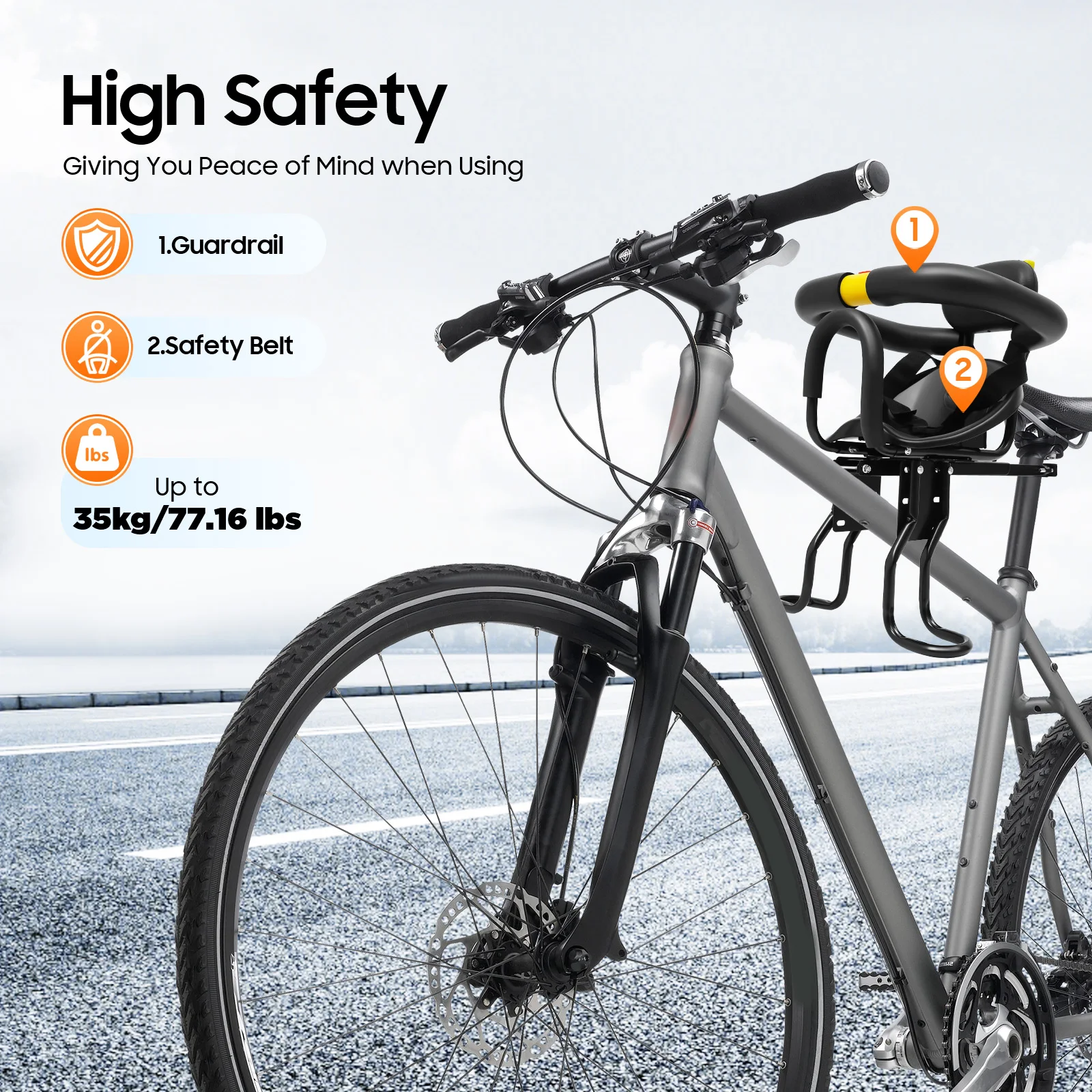 

Bike Child Seat 35kg Load Capacity Adjustable Length Safety Guardrail for 1-5 Years Old Kids