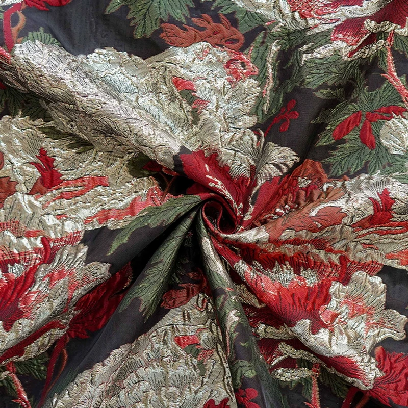 Red Peony Gold Thread Fabric Three-dimensional Relief Jacquard Slight Transparency for DIY Vintage Dress Outerwear