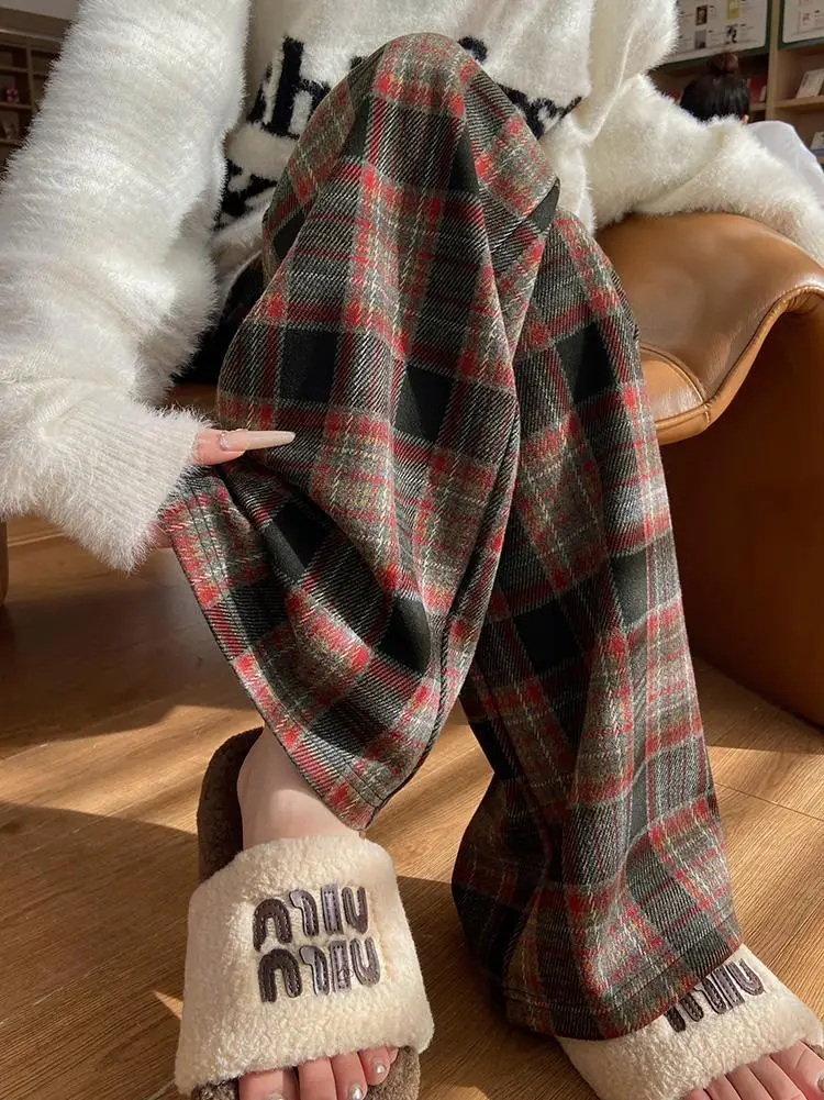 

Женские брюки Off Plaid: осенне-зимние, в стиле ретро, с эффектом похудения, с рваными краями, широкие прямые повседневные брюки с высокой талией