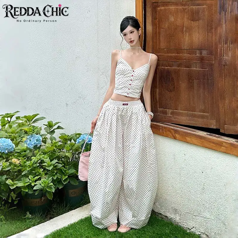 ReddaChic Polka Dots Crop Top Baggy Pants Matching Set Beach Elastic Waist Pleat Balloon Pants Camisole Lounge Woman Clothes
