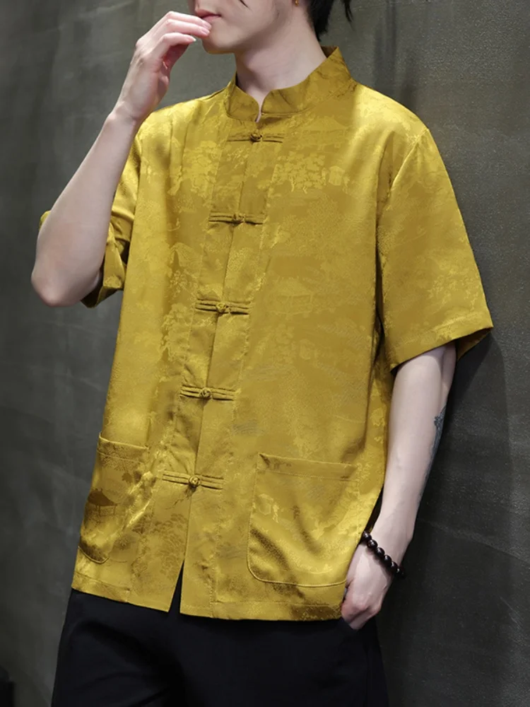 

Ice Silk ort Sve irt Men's High-End Sensation New Chinese Sle Summer Improved Tang Costume Hanfu with Button Embelli...