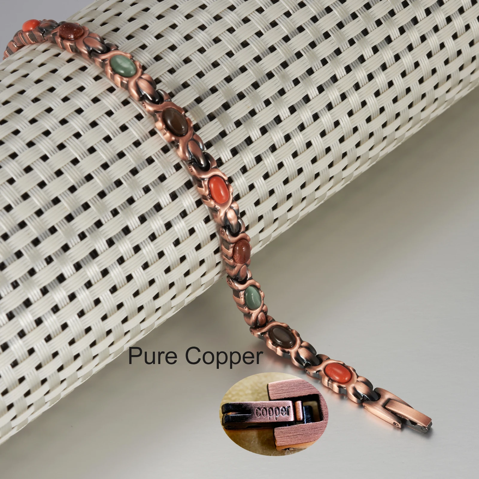 Vinterly Pure Copper Bracelets Women Magnetic Therapy Vintage Artificial Cat Eye Benefits Chain Jewelry Metal Green Stone Magnet