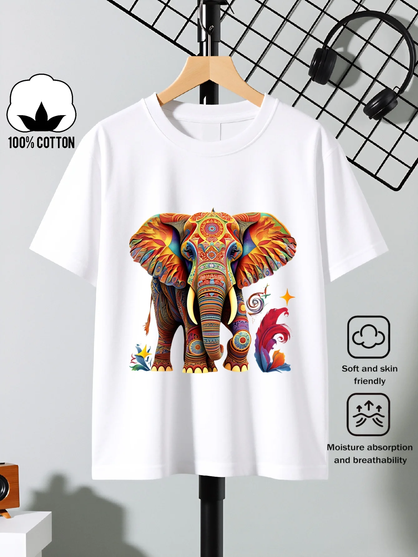 Children Use Bright Elephant Patterns To Design Summer Round Neck Short T-shirts for Casual and Comfortable Parent-child Wear