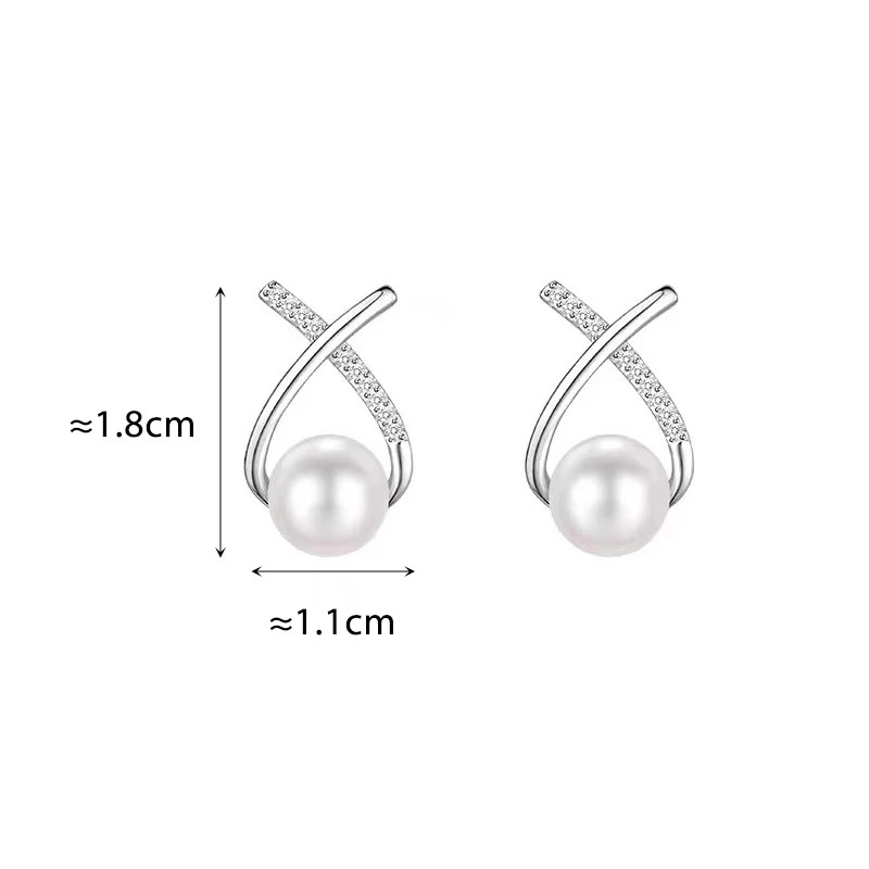 Silver Color Light Luxury Zircon Pearl Stud Earrings for Charm Women ELegant Fashion Jewelry Cross Accessories