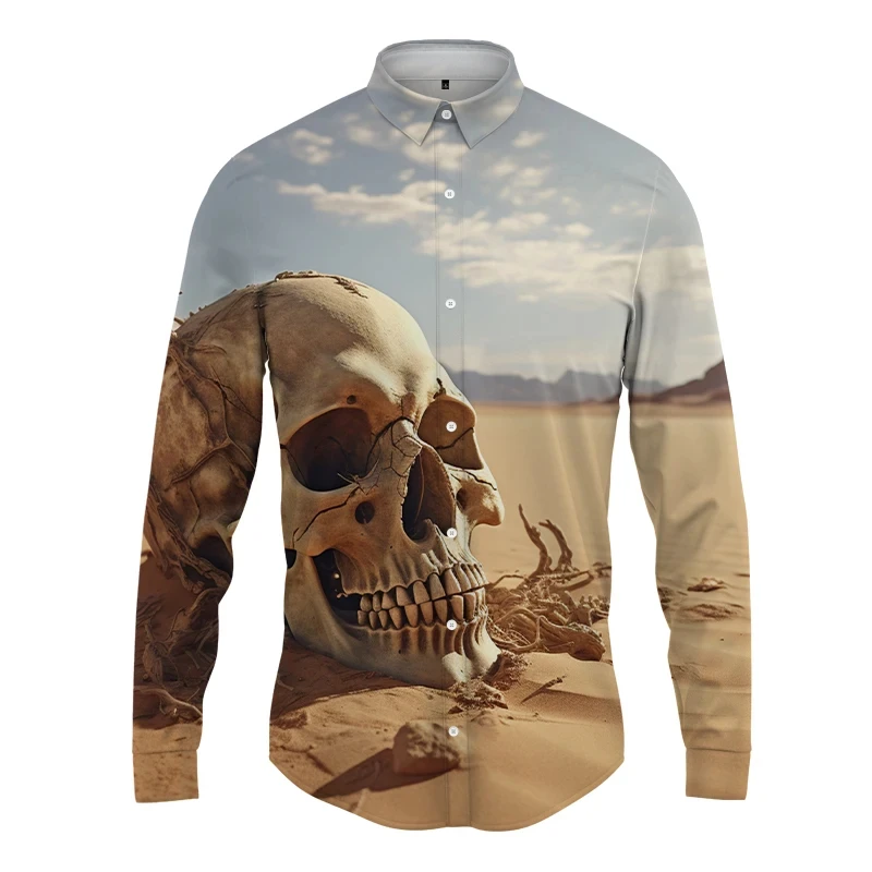 Street Harajuku Men's Spring Autumn Fashion Men's Button Shirt New 3D Desert Skeleton Printing Shirt Hawaii Long Sleeve Shirt