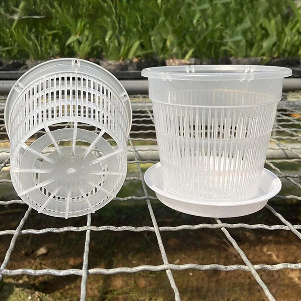 5pcs Orchid Pot With Saucers Meshpot Plastic Clear Flower Plant Repotting Pot With Holes Mesh Pot Root Control Orchid Flower Pot