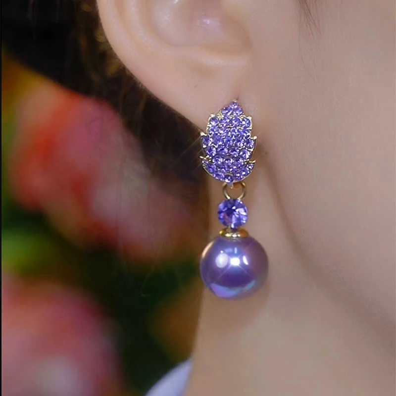 Unique Design Purple Rhinestone Leaf Pearl Pendant Earrings for Women New Elegant Exquisite Temperament Girls Daily Wear Jewelry