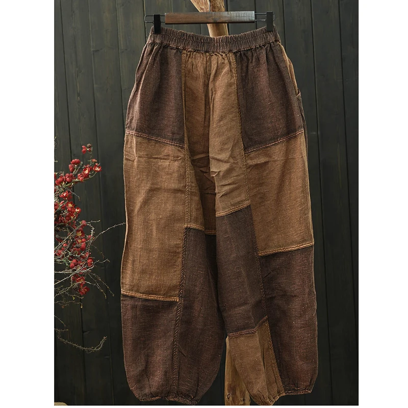 2026 New Arrival Spring Women Ankle-length Pants Casual Loose Cotton Linen Elastic Waist Vintage Patchwork Harem Pants M178