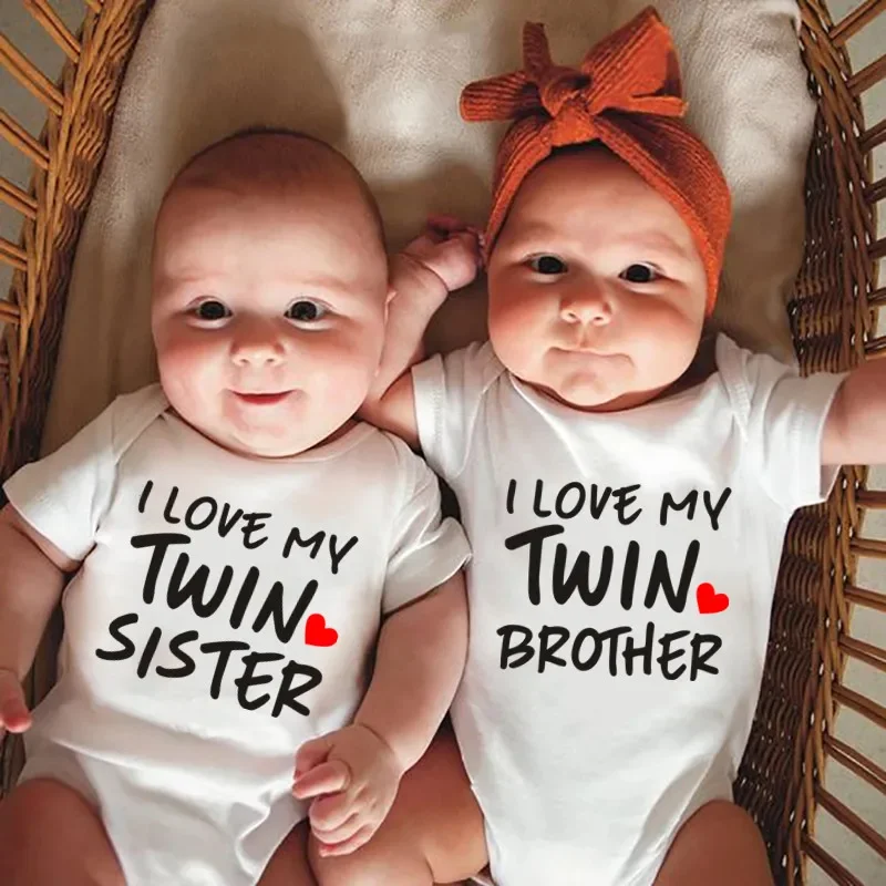

I Love My Twin Brother/sister Print Pure Cotton Cloths Boys Girls Comfortable Onesie Bodysuit for Twin Baby Jumpsuit