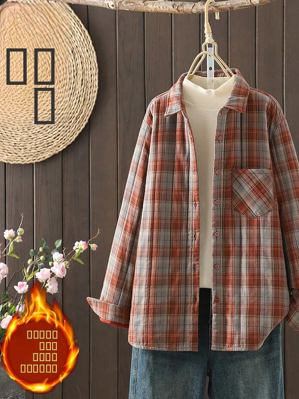 

Authentic Thiened Cotton irt Winter New Sle Loose Slimming Retro Casual Artistic Plaid Women's Premium Cotton Clothing