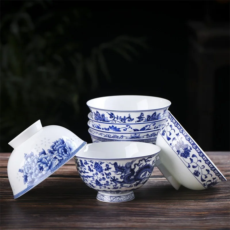 Household Chinese Blue And White Porcelain Rice Bowl Noodle Soup Bowl Jingdezhen Specialty High Legged Antique Bowl