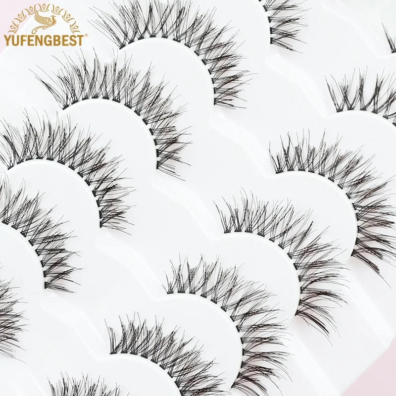 

YUFENGBEST 7pairs Cils Clear Band Handmade Remy Hair Tapered Winged Lashes Korean Style Short Black Brown Invisible Eyelashes