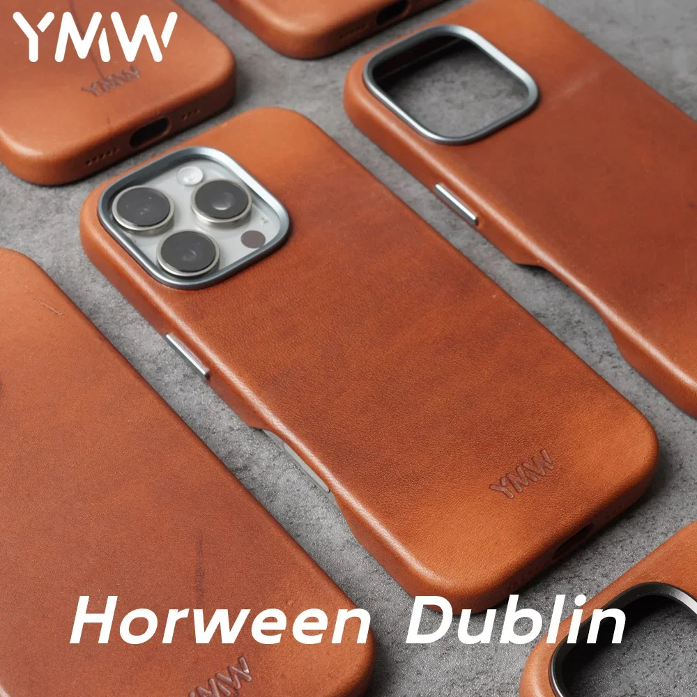 YMW Horween Dublin Genuine Leather Case for iPhone 15 16 Pro Max Luxury Business Vegetable Tanned Cowhide Phone Cover