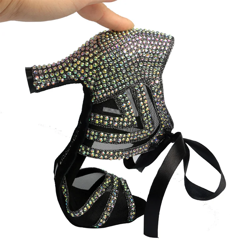 Wedopus Mary Jane talon bloc chaussures de soirée de danse paillettes avec cristaux semelle en daim talons de danse de salon Peep Toe ruban cravate 7CM