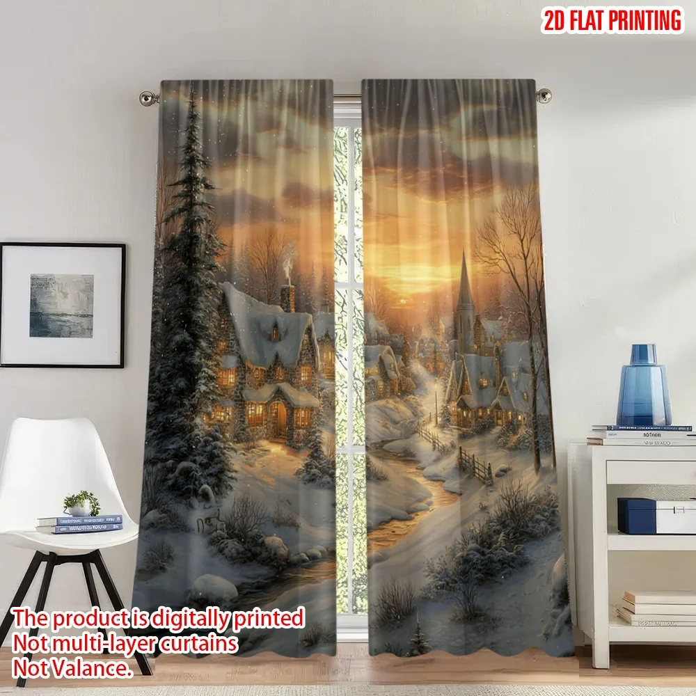 

2pcs 2D flat printing Christmas Curtains Cozy Winter Village Snow Scenery Digital Printed Polyester Drapes Holiday Decorations