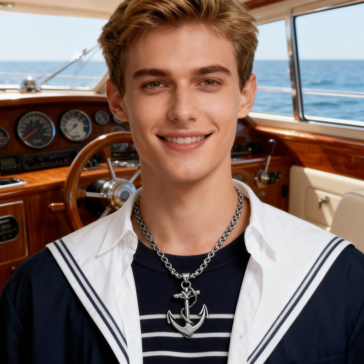 The PESENAR Anchor-shaped Cross Titanium Steel Men's Pendant Necklace Is Suitable for the Attire of Characters Such As Captains