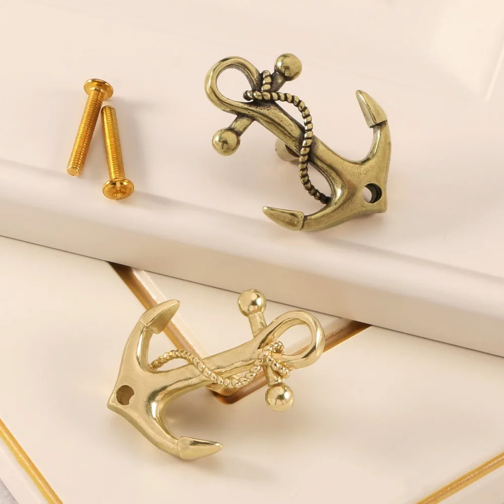 Vintage Brass Nautical Anchor Cabinet Pulls with Rope Detail, Antique Marine Drawer Handles, Coastal Furniture Knobs with Screws