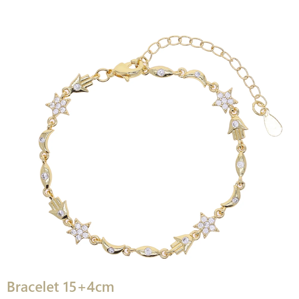 New Geometric Plain Sparking CZ Paved Star Moon Eye Hand Charm Chain Choker Necklace Bracelet Fashion Gold Color Women Jewelry