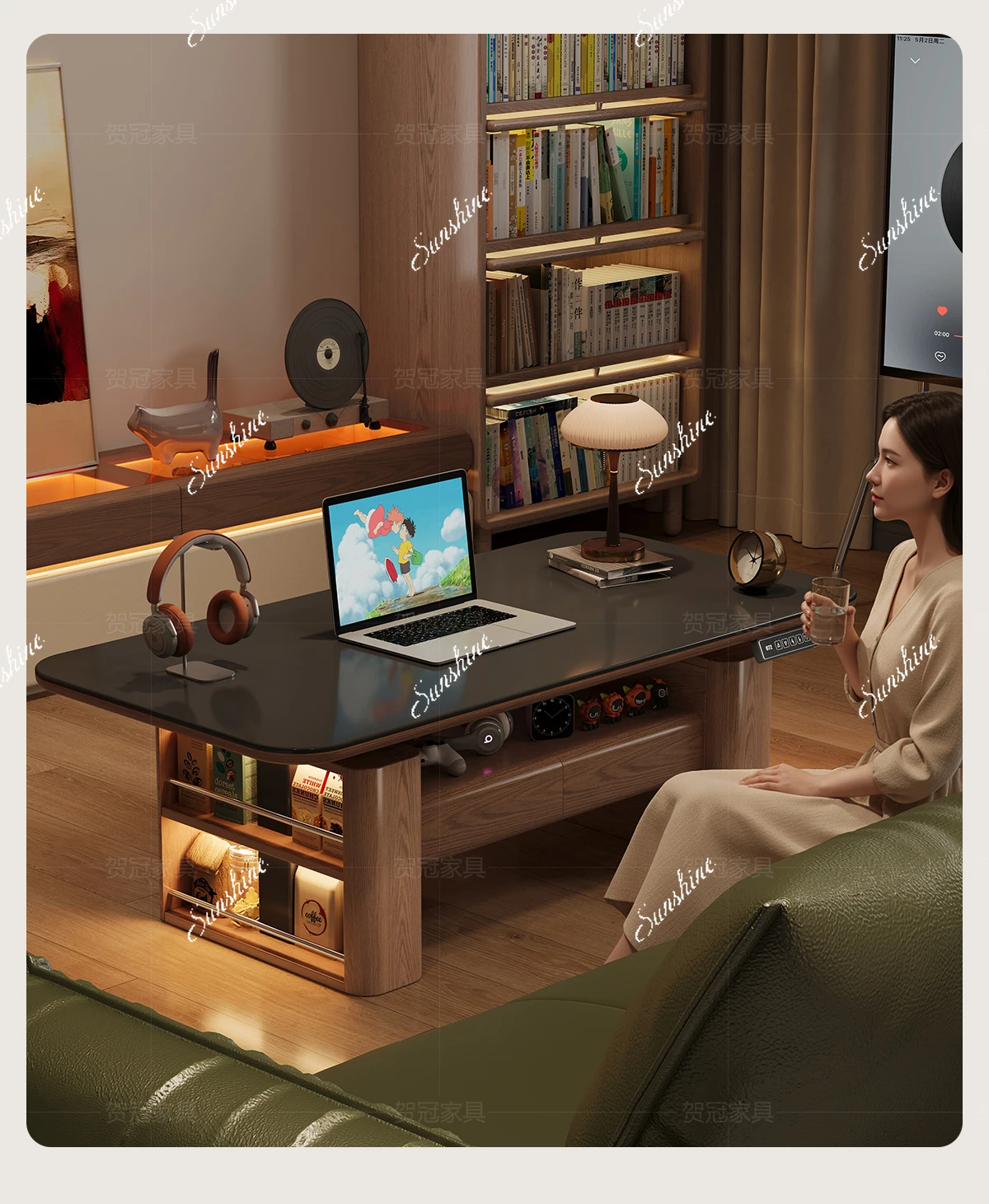 Solid wood electric lifting coffee table dining table integrated two-in-one high-end atmosphere, high-end sense can be moved