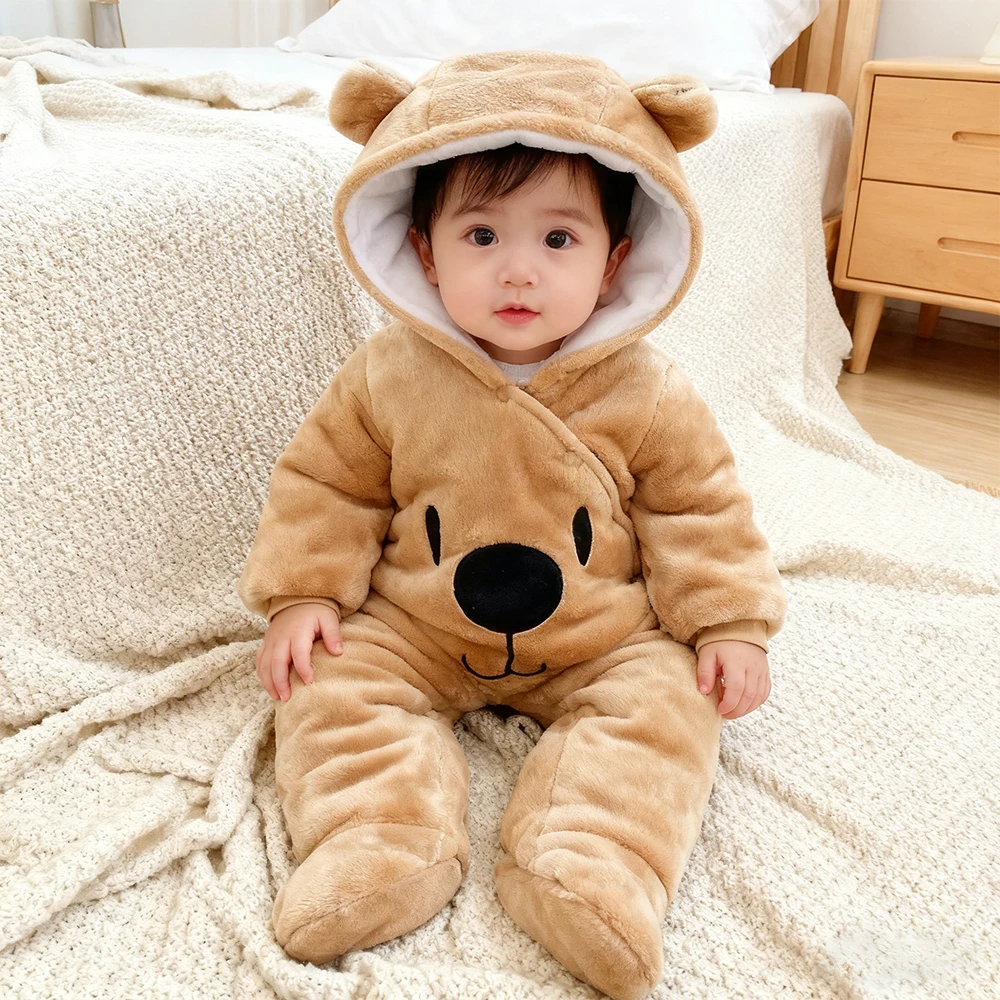 Cute Bear Children's Romper Autumn Winter Clothing Hooded Jumpsuits Baby Girl Clothes with Headband Foot Cover Boys Outfits