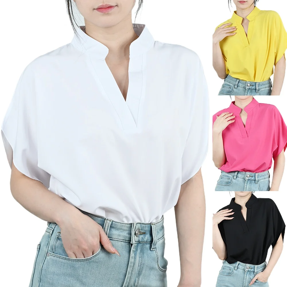 

Summer Women Short Sleeve Shirt Famale V-neck Solid Color Loose Blouse Lady Casual White Black Red Tops Office Chiffon Blouses