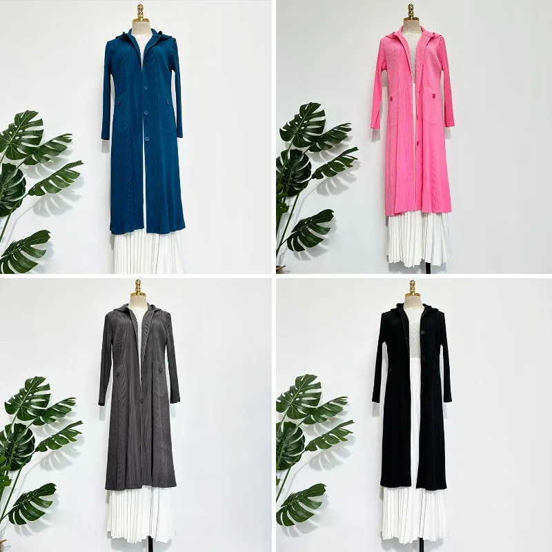 سترة مياكي مريحة غير رسمية طويلة بطيات لخريف وشتاء 2025 فقرة بسيطة متعددة الاستخدامات سترة واقية بقلنسوة للنساء كورية