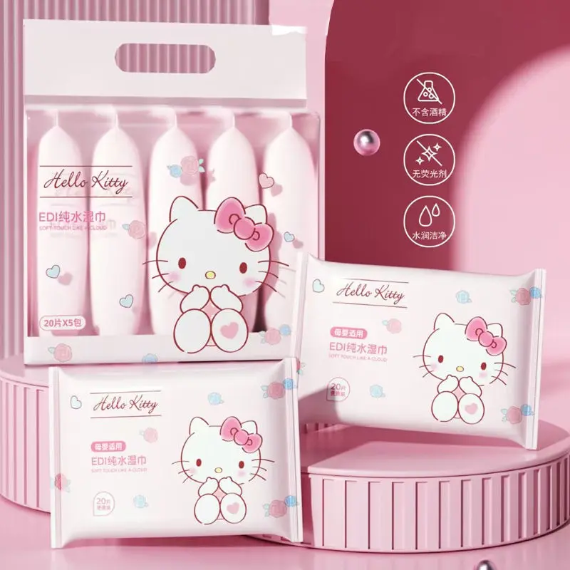 5pack 100pcs Sanrio Hello Kitty Wipes Face Wash Makeup Remover Wet Tissue Outdoor Portable Travel Easy Storage for Girls Women