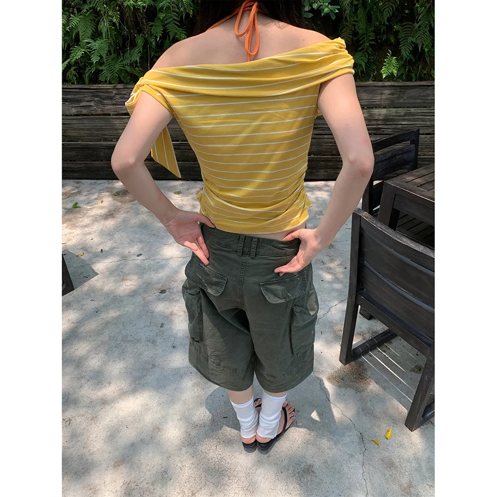 Calças de brim de carga mulheres na altura do joelho calças de perna larga cintura baixa vários bolsos vintage lavado angustiado streetwear verão 2025 denims