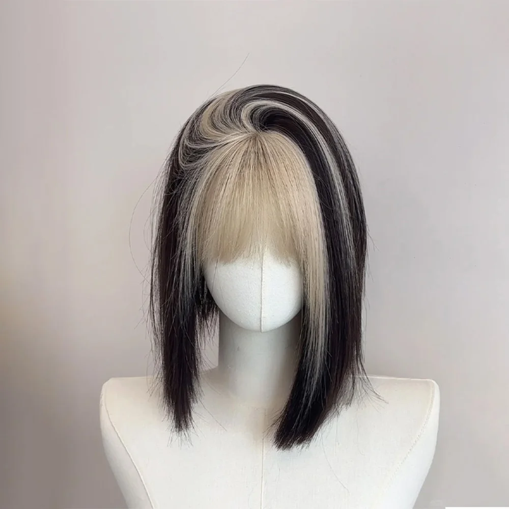 OLACARE Short Black Yellow Synthetic Natural Wigs for Women Bob Straight Wig with Bangs High Temperature Daily Cosplay Party Wig