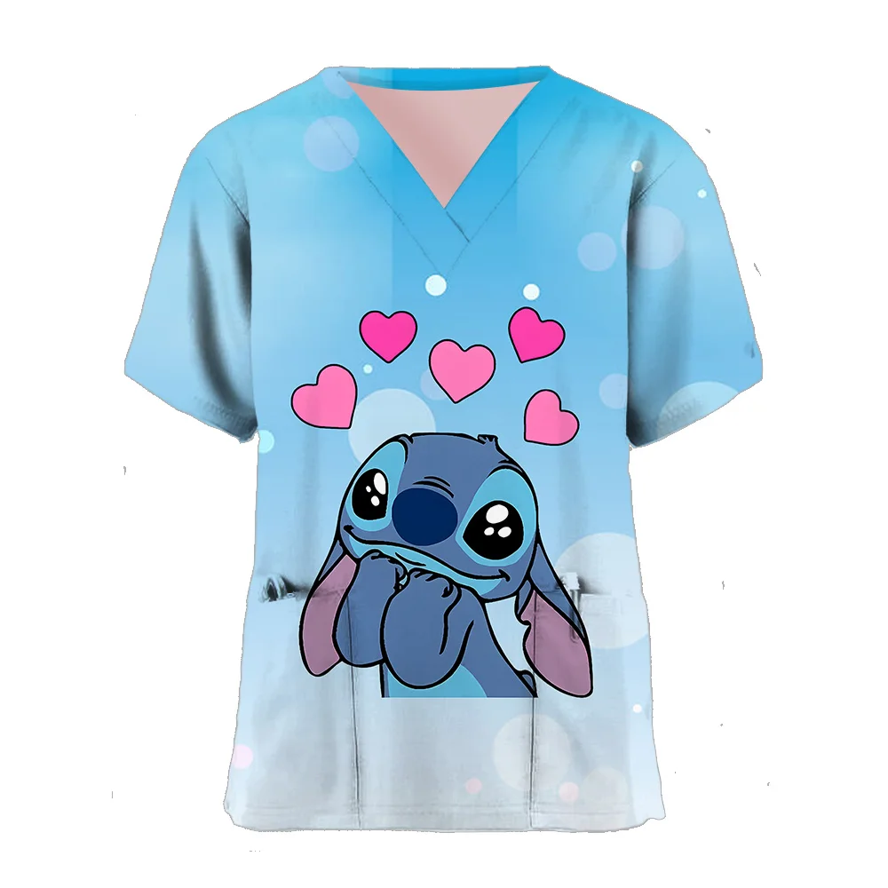 2024 Lady Short Sleeve Disney Stitch V Neck Nurse Uniform T-shirt For Girls Women's Hospital Wear T Shirts Woman Pocket Clothes