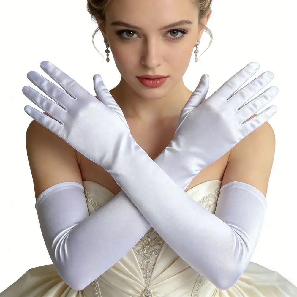 Elastic Solid Color Satin Gloves Full Finger Retro Long Gloves Elbow Length 1920s Etiquette Mittens Stage Performance