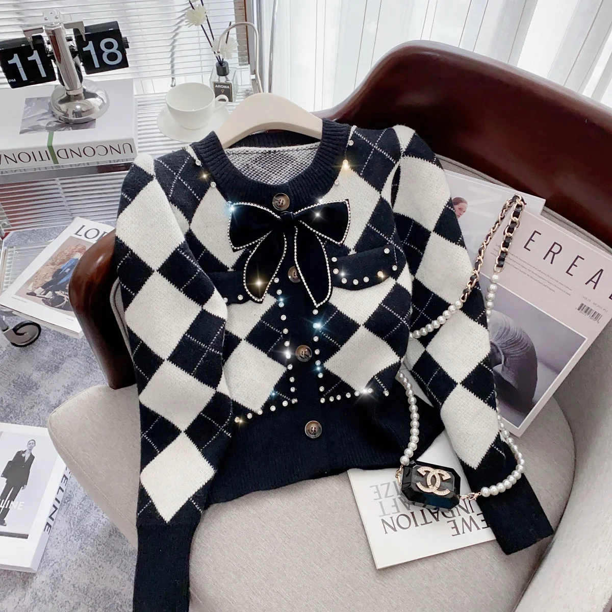 TPJB Argyle Knitted Thicken Sweater Cardigan Women Winter Bowtie Elegant Vintage Stylish Fashion Coat Jacket Long Sleeve Jumpers