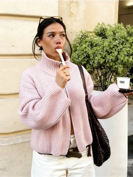 2026 New Spring Striped Loose Knit Cardigans Women Casual Turtleneck Zip-up Pink Sweater Coat Women Knitwear Streetwear 5
