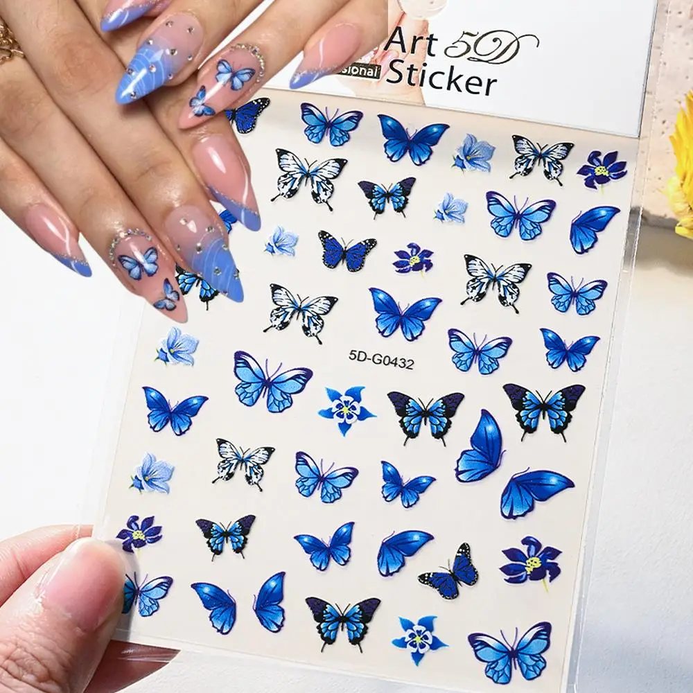 1Pcs 5D Exquisite Blue Butterfly/Flower Nail Stickers Luxurious Butterfly Floral Adhesive Nail Decal For Women's Nail Tips Decor