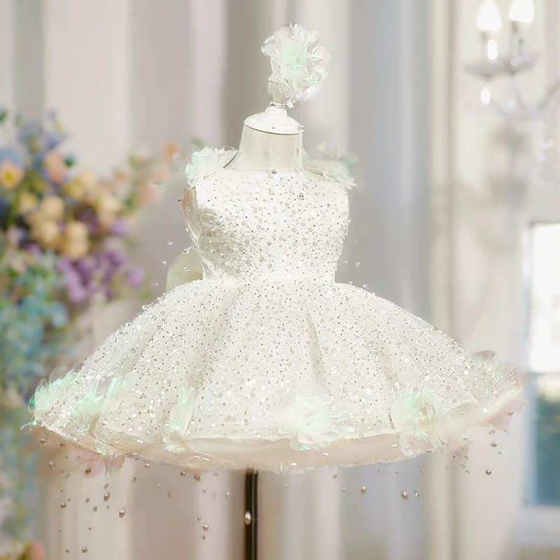 Pearl Flower Dress Children's Princess Dress European and American Style Sequin Pearl Flower Girls Party Playing White Dress