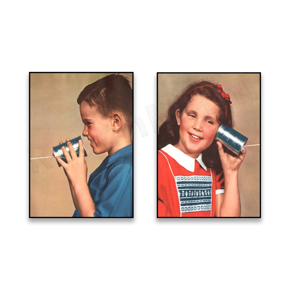 Tin Can Phone Print, Girls and Boys Siblings Prints and Posters Wall Art Pictures Living Room Home Decor