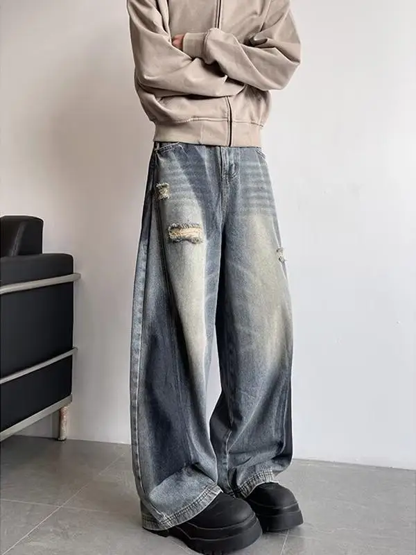 

Мужские джинсы в стиле ретро-американский кантри, осенние, свободные, прямые, с эффектом потертости, винтажные, для пар, широкие, прямые брюки-трубы