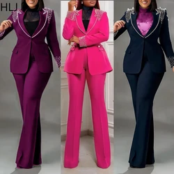 HLJ Elegant Lady Pearls Blazer Two Piece Sets Women V Neck Long Sleeve Slim Top And Pencil Pants Outfits Casual OL Clothing