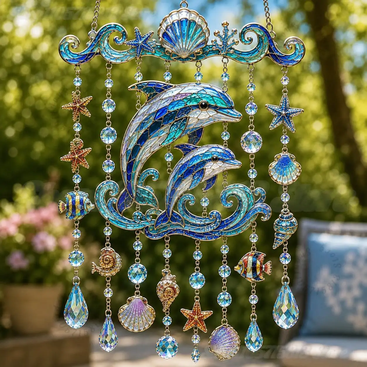Ocean-Themed Crystal Wind Chime–Bring the Ocean Glow to Your Garden, Turtle Wind Chimes for Outside,Hanging Garden Decor